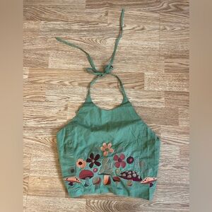 Flowers Mushrooms Floral Green Halter Tie Neck + Back Top